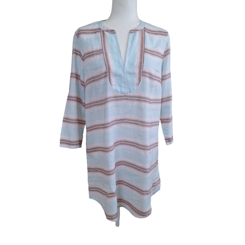 IZOD Women's Blue White Striped Linen Botton Blend Swim Dress Swim Cover Large